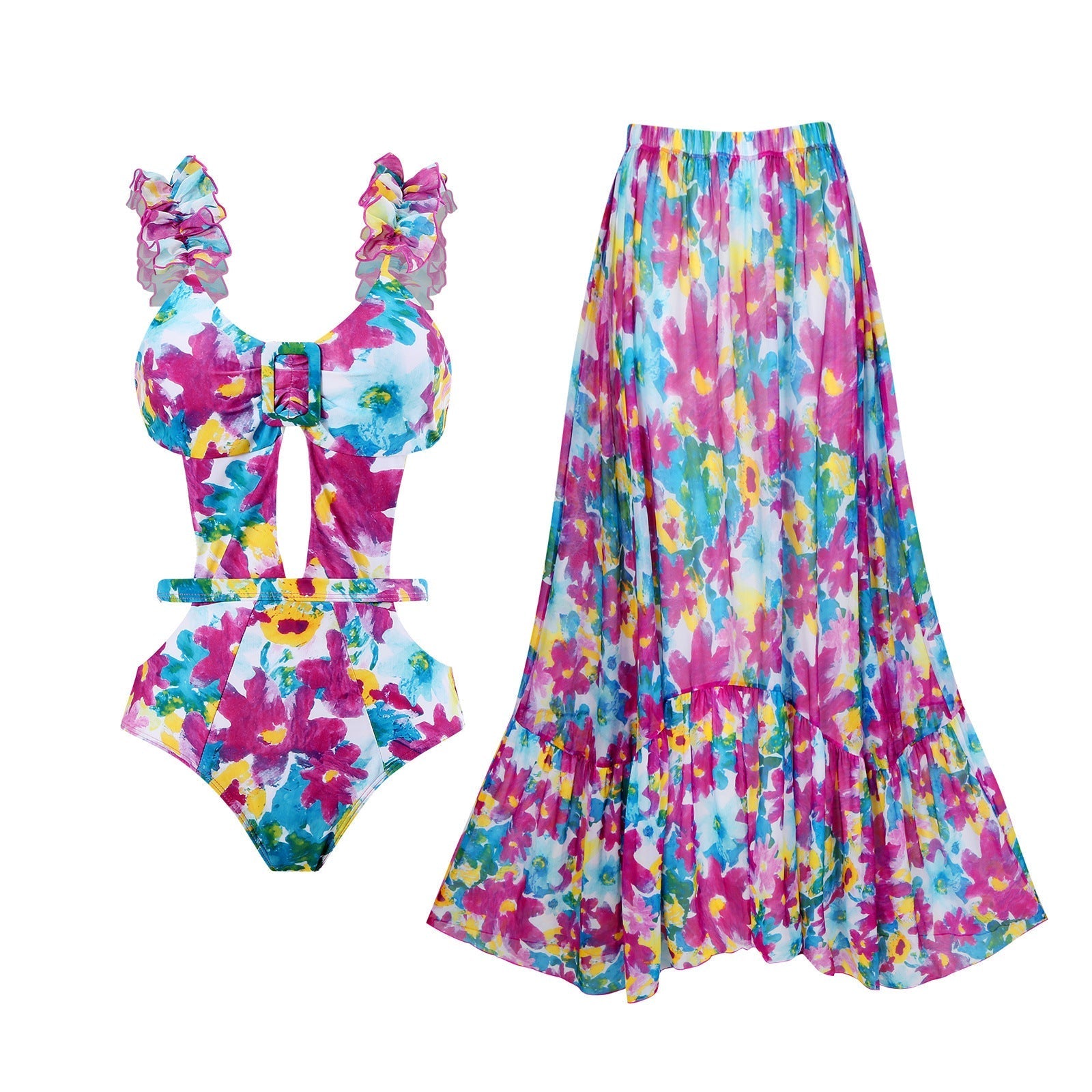 Siamese Conservative Swimsuit Printing Hollow Out Cutout Mesh Wrap Skirt Set Swimsuit Bella Mia